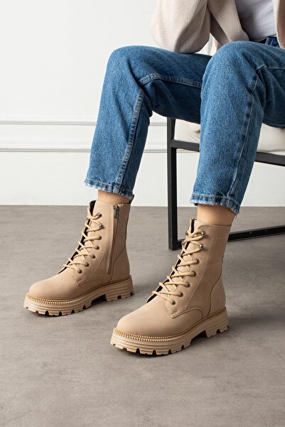 ShoeTek Γυναικείες μπότες Olsima με κορδόνια και φερμουάρ από ματ δέρμα καρυδιάς