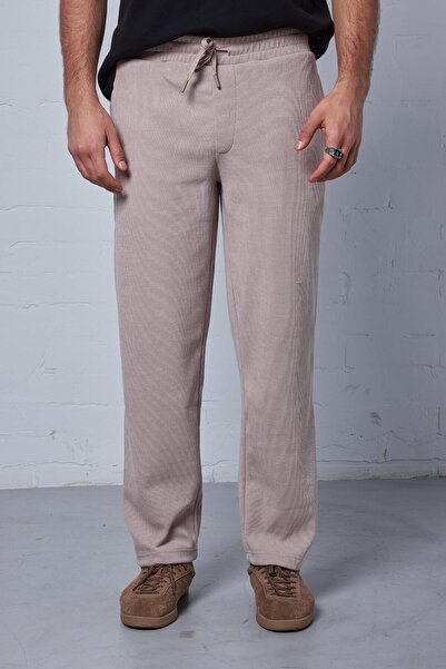 ablukaonline Men's Slim Fit Corduroy Elastic Waist Trousers Beige