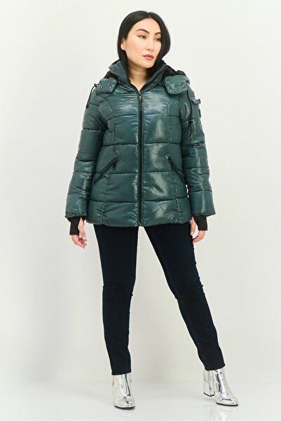 Steve Madden Women Hooded Brand Logo Puffer Jacket, Green