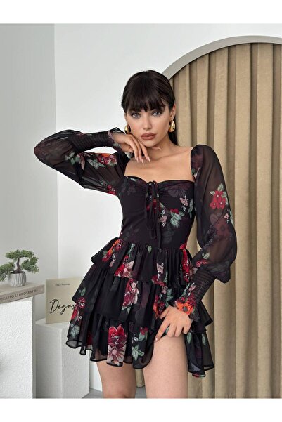 Genel Markalar Kalp Yaka Gloplu Şifon Mini Çiçekli Elbise