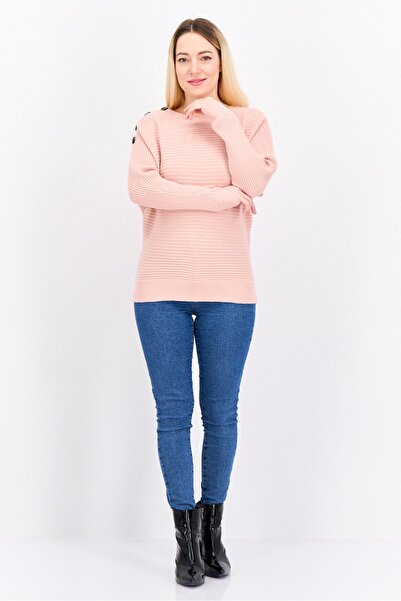 Poof Women Crew Neck Knitted Sweater, Pink