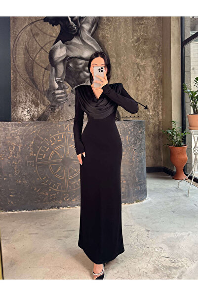 missswans Mildred Omuz Vatkalı Pileli Degaje Yaka Likralı Uzun Elbise Siyah