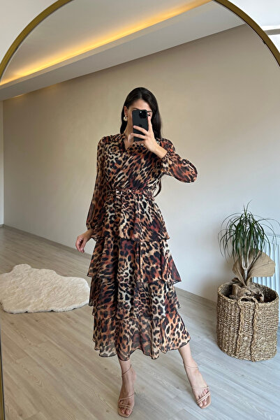 Neşeli Butik Women's Leopard Print Tiered Flounce Chiffon Dress Nm014