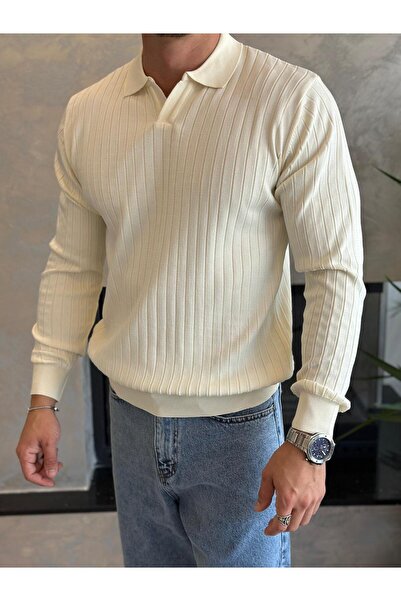 ECARTS Men's Regular Fit Polo Neck Ribbed Knit Sweater Cream Eca046