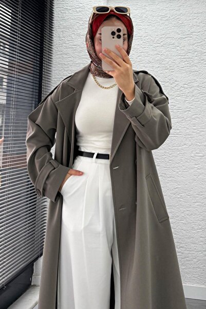 MELEK ARAZ Premium Omuz Kuşaklı Uzun Trençkot – Haki