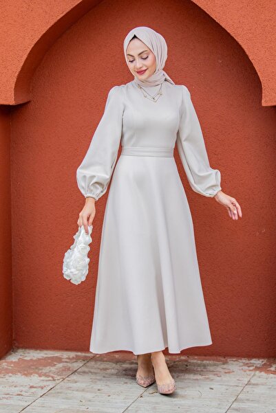 Tesettür Çarşım Luvi Pufy Dalgıç Balon Kollu Elbise-Bej