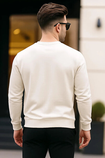 SILVANO Erkek Bisiklet Yaka Göğüs Nakış Bol Krem Sweatshirt