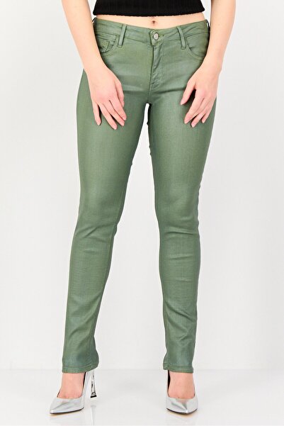 Reiko بنطلون جينز نسائي ضيق بخصر متوسط، سادة وقابل للتمدد، أخضر