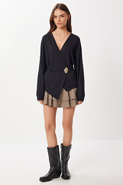 Lovelyİstanbul Double-Breasted Collar Belted Knitted Blouse Lfw0014 Black