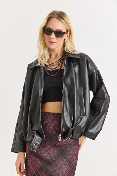 Raneel Kazançlı Alışveriş Women's Stylish Faux Leather Zippered Black Coat