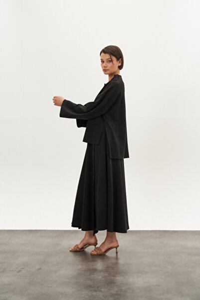 Mevra Double-Breasted Modal Skirt Jacket Bottom Top Set Black