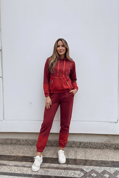 Qaju Women's Parachute Garnished Burgundy Tracksuit Set