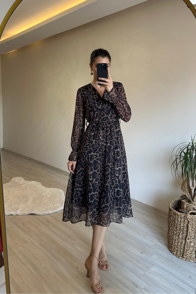 Neşeli Butik γυναικείο φόρεμα με λεοπάρ στάμπα με διπλό γιακά μίντι σιφόν NM020