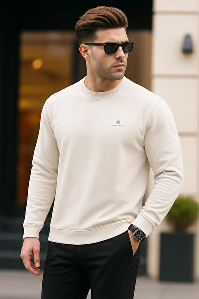 SILVANO Erkek Bisiklet Yaka Göğüs Nakış Bol Krem Sweatshirt