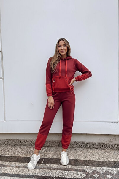Qaju Women's Parachute Garnished Burgundy Tracksuit Set