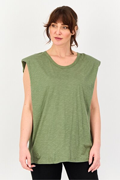 Reiko تي شيرت نسائي سادة بدون أكمام ورقبة دائرية، زيتوني