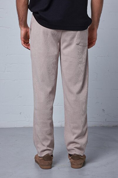 ablukaonline Men's Slim Fit Corduroy Elastic Waist Trousers Beige