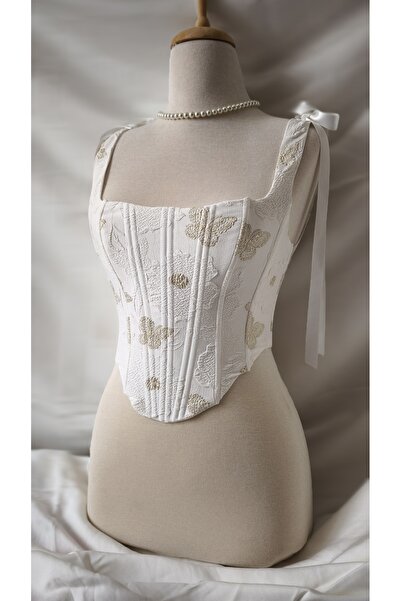 Pinn White Butterfly Patterned Daisy Brocade Corset