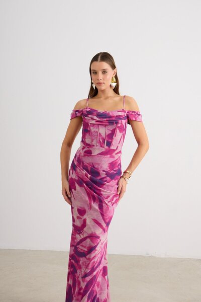 Carmen Fuşya Askılı Empirme Abiye Elbise