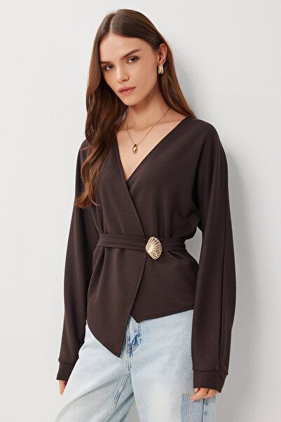 Lovelyİstanbul Double-Breasted Collar Belted Knitted Blouse Lfw0014 Brown