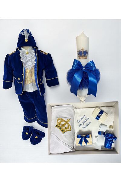 Botez Set Royal -albastru regal , model coroana , catifea