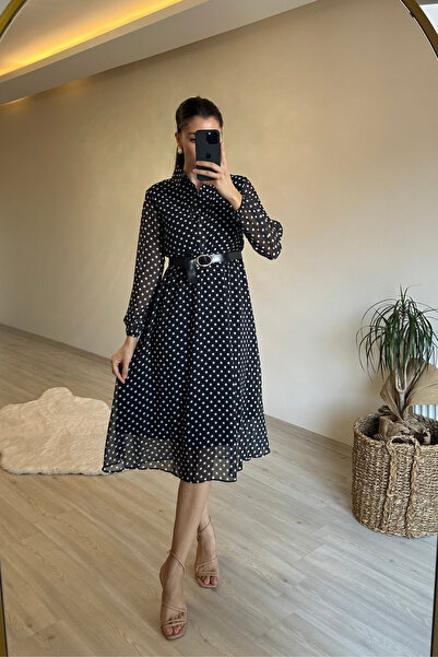 Neşeli Butik γυναικείο πουά φόρεμα σιφόν με γιακά πουά NM019