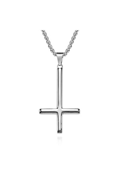 Tessero Colier unisex din oțel inoxidabil cu pandantiv cruce inversată, design minimalist modern, argintiu
