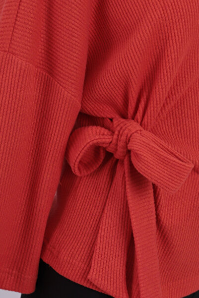 armonika Kadın Nar Çiçeği Sıfır Yaka Yumuşak Dokulu Yarasa Kol Önden Bağlamalı Bluz ARM-26K001021