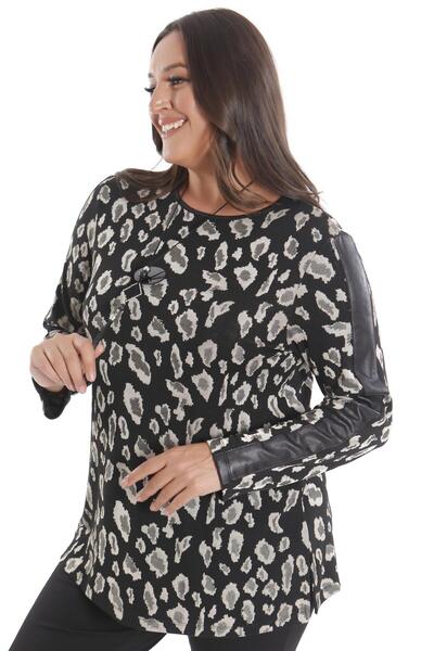Metpoint Trend42plus Büyük Beden Leopar Desenli Kollar Deri Şeritli Siyah Bluz