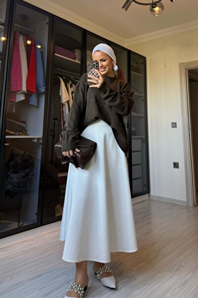 megapol giyim Women's Ecru Scuba Fabric Bell Skirt