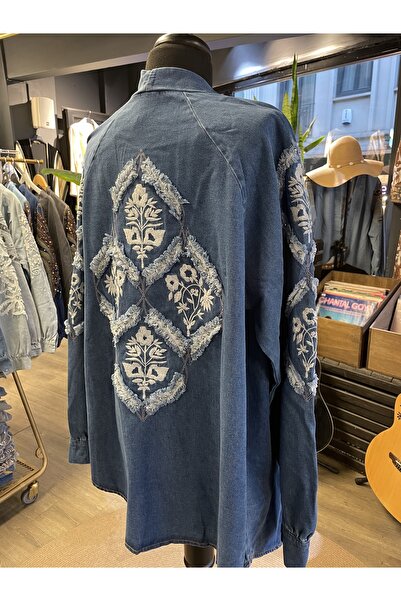 Miss Allos Women's Stone Embroidered Embroidered Cotton Long Sleeve Denim Kimono