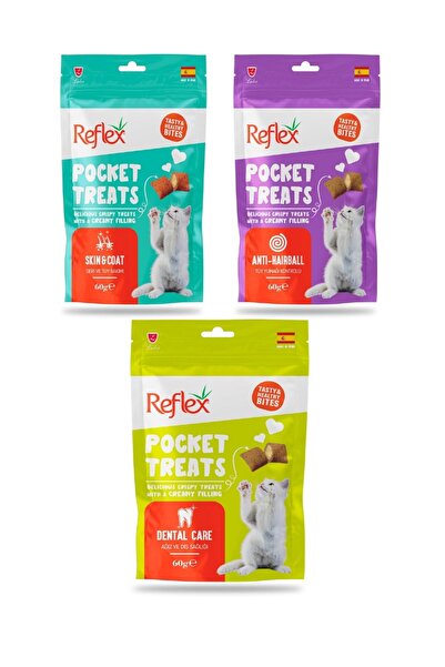 Reflex Pocket 3'lü Kedi Ödül Maması (Deri-Tüy Sağlığı/Tüy Yumağı Kontrolü / A...