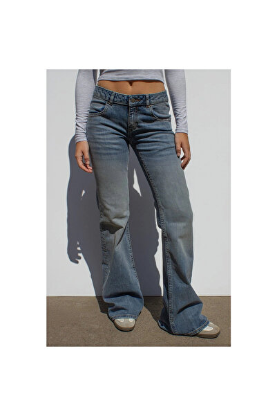 Mokşa Y2K Vintage Retro Eskitme Süper Arka Cepli Düşük Bel İspanyol Paça Jean