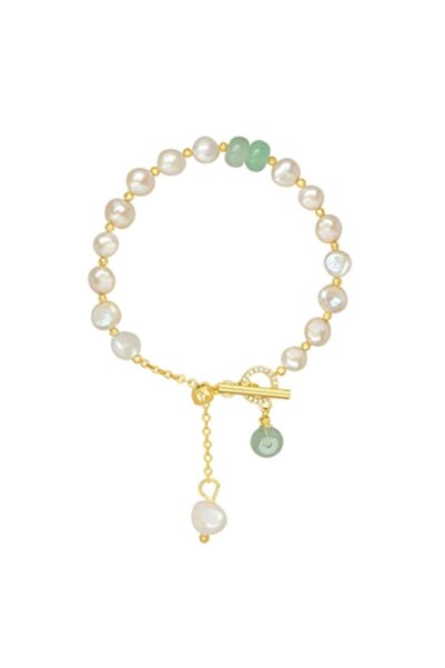 xUPING Brățară cu perle și cristal de jad, placată cu aur de 18K, aurie