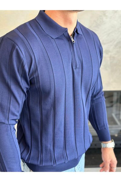 ECARTS Men's Regular Fit Half Zipper Ribbed Knit Sweater Navy Blue Eca047
