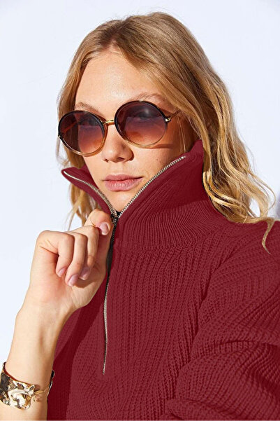 EDITION WOMAN Pulover de damă din bumbac bordeaux cu textura moale, cu fermoa...