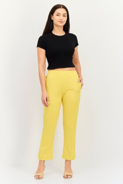 Reiko Women Street Fit Textured Straight Leg Pants, Mustard Yellow