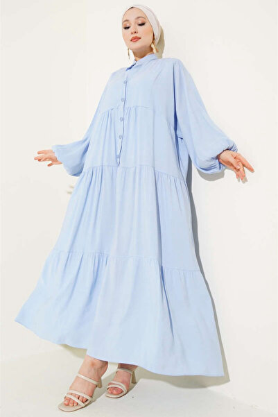 Tesettür Diyarı Kadın Yazlık Kumaş Gömlek Elbise-Bebe Mavisi
