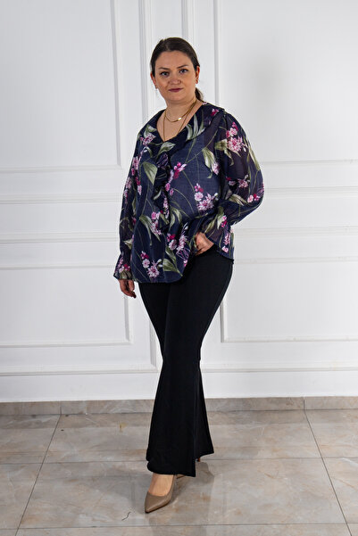 Bedrinxxl Kadın Büyük Beden Çiçek Desenli Volan Yaka Şifon Arel Bluz Şık Dökümlü