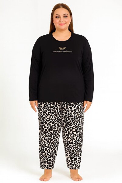 Pemilo Women's 08048 Plus Size Leopard Print Pajama Set Black