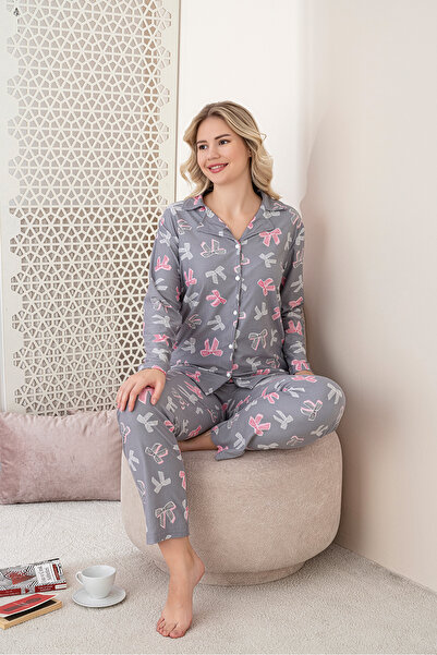 rindahomewear Women's Patterned Suede Long Sleeve Women's Buttoned Pajama Set