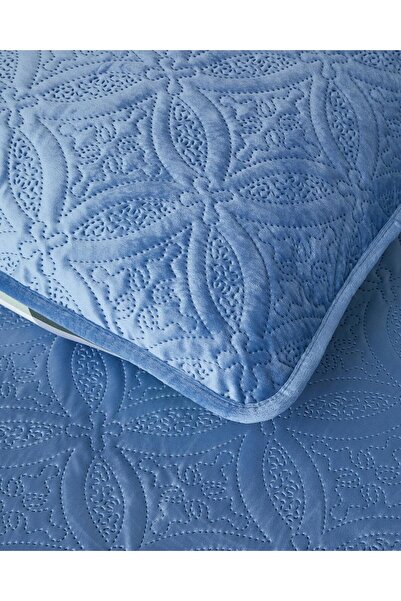English Home Ornate Check Çift Taraflı Kadife Çift Kişilik Yatak Örtüsü Takımı 200x220 cm Koyu Mavi