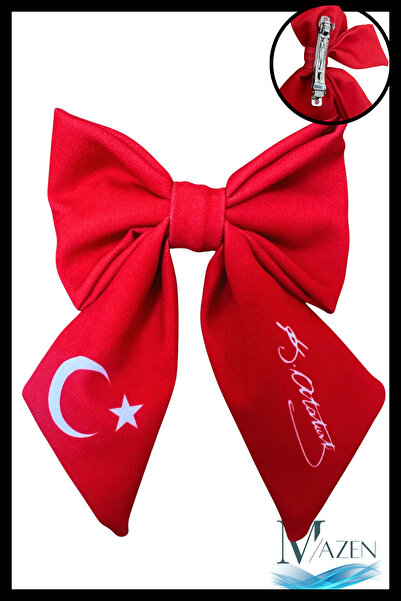 MAZEN Atatürk İmzalı Türk Bayraklı Kırmızı Fiyonk Toka | 10’lu Set | Okul ve Özel Gün Aksesuarı | Saç Toka