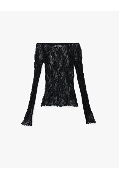 Koton Μπλουζάκι με λαιμόκοψη και μακρύ ισπανικό μανίκι με δαντέλα