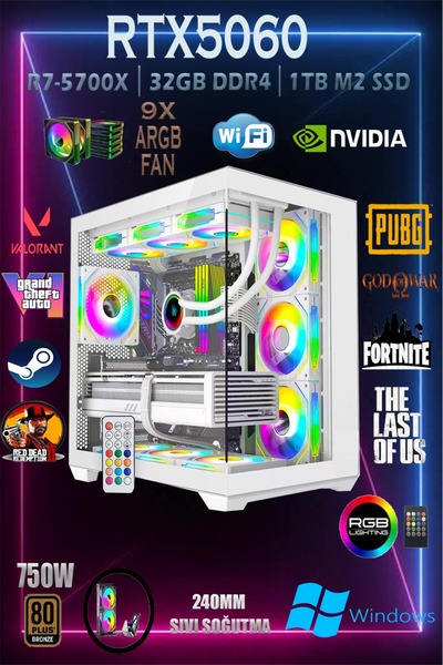 Apphirex TCW10 Ryzen 7 5700X 32GB 1TB M.2 SSD RTX5060 8GB Sıvı Soğutmalı Beya...