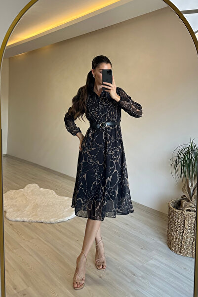 Neşeli Butik rochie din șifon cu curea, cu model de marmură, cu guler de căma...