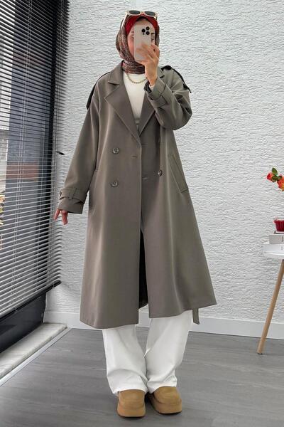 MELEK ARAZ Premium Omuz Kuşaklı Uzun Trençkot – Haki