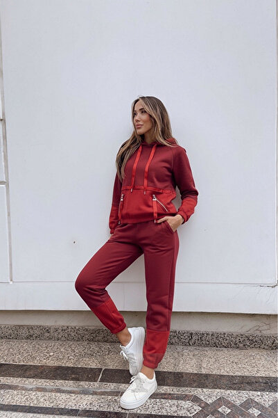 Qaju Women's Parachute Garnished Burgundy Tracksuit Set