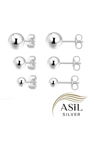 ASİL SİLVER ONLİNE 925 Ayar Gümüş 3 Çift (6 Adet) Top Küre Unisex Pimli Küpe ...