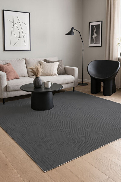 Raschel Carpet Bohem Emboss Premium Seri Kaymaz Taban Jel Taban Halı Yolluk Koyu Gri